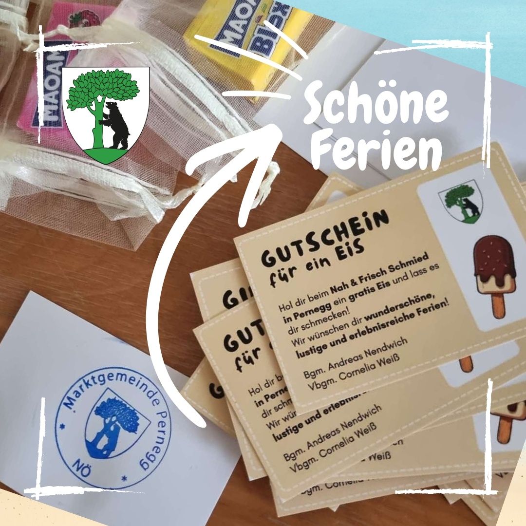 A collection of gift cards with a tree logo, a bear, and an ice cream. The cards read 'Gutschein für ein Eis', indicating they are vouchers for ice cream.