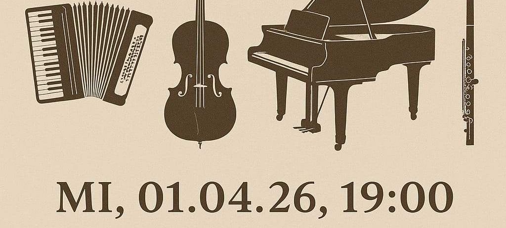 Plakat für eine romantische Musikveranstaltung mit Akkordeon, Geige, Klavier und Flöte. Veranstaltung am 1. April 2026 um 19:00 Uhr in Pfarrhof Ansfelden. Erfrischungen ab 18:00 Uhr erhältlich.