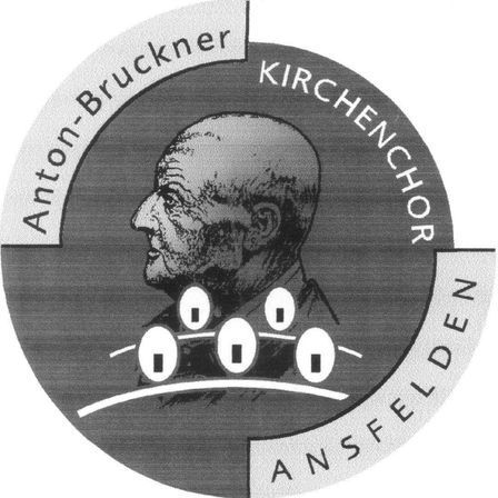 Ein Schwarz-Weiß-Logo zeigt den Text 'Anton-Bruckner Kirchenchor Ansfelden' um ein Porträt eines älteren Mannes.