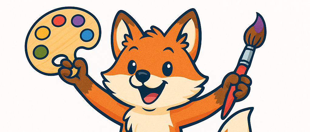 Eine Illustration eines Fuchses, der eine Farbpalette und einen Pinsel hält. Darunter steht der Text 'BUNT & MUTIG' mit 'KREATIVITÄT OHNE GRENZEN' darunter.