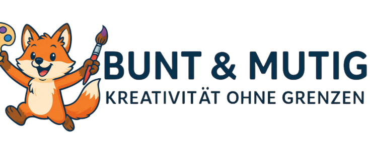 Ein Fuchs, der eine Malpalette und einen Pinsel hält, mit Bunt & Mutigkeit in fetten Buchstaben darüber und 'Kreativitat ohne Grenzen' darunter.