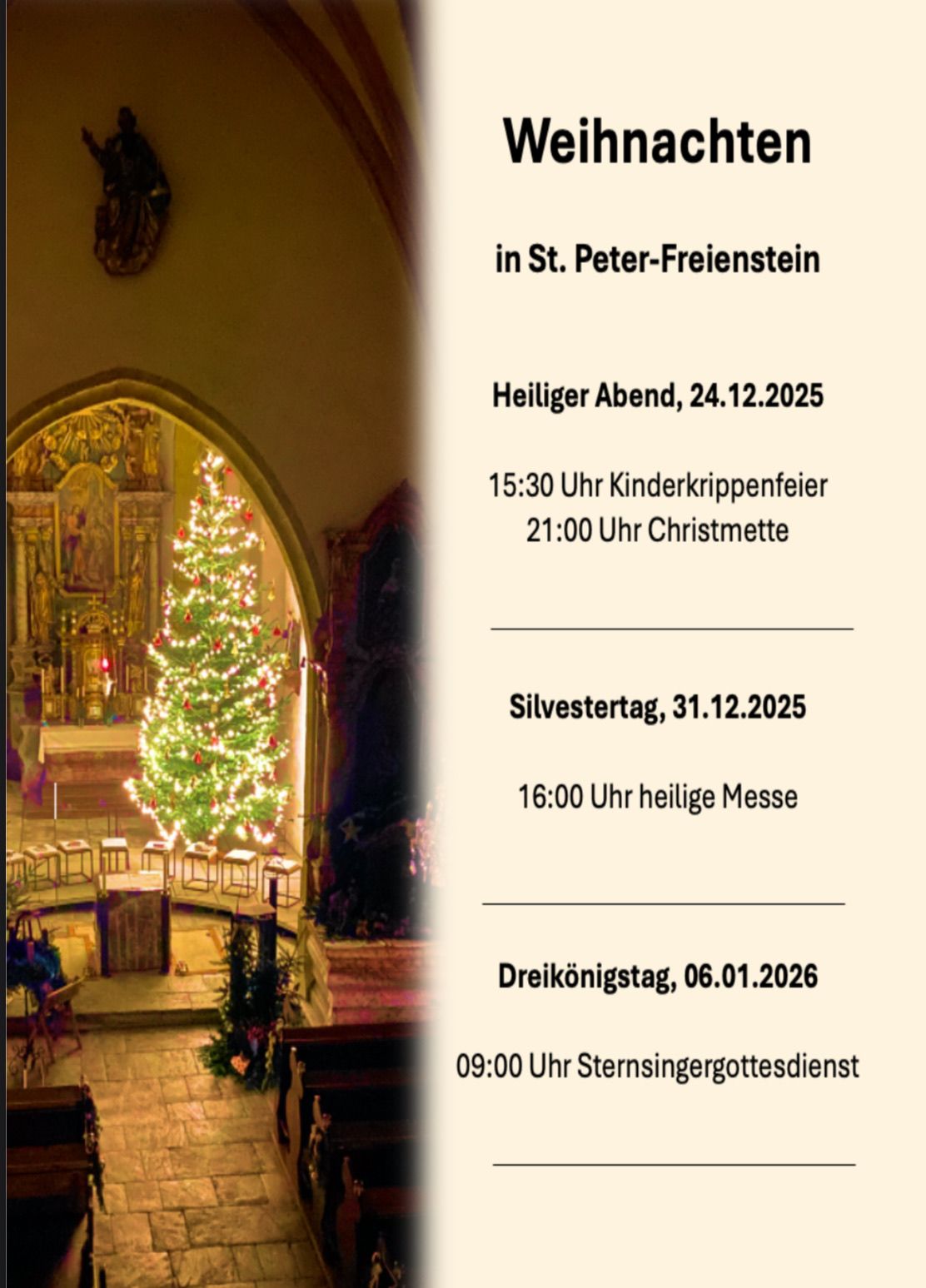 Plakat, das einen geschmückten Weihnachtsbaum in einer Kirche zeigt, mit den Daten und Zeiten religiöser Veranstaltungen. Die Daten umfassen Heiliger Abend, Silvester und Epiphanias.
