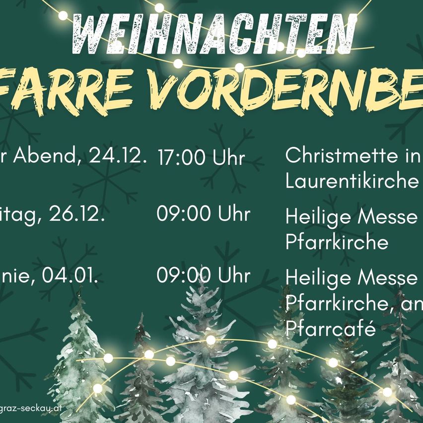 Weihnachtsposter mit Informationen in Deutsch. Abend am 24. um 17:00. Heilige Messe am 26. um 09:00 und eine weitere am 4. um 09:00. Alle in der Laurentikirche.