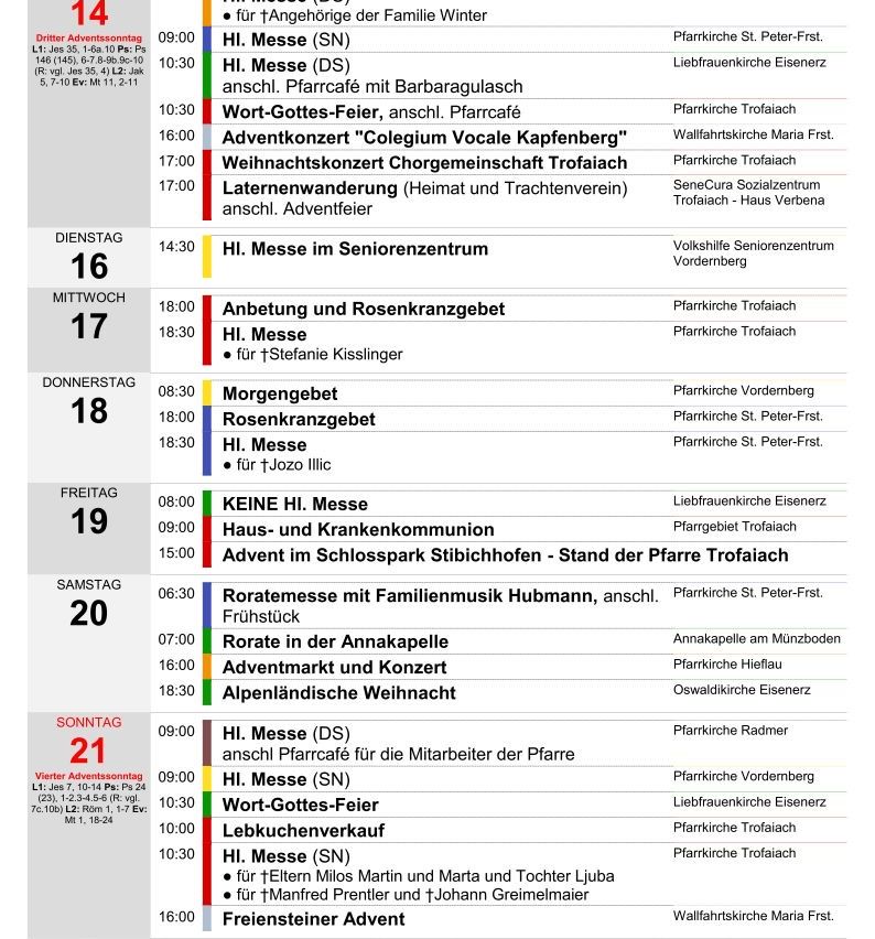 Eine Tabelle zeigt den Zeitplan für Veranstaltungen während der Adventszeit, einschließlich Messen, Konzerte und andere Aktivitäten in verschiedenen Kirchen und Orten. Jeder Tag von Dienstag bis Sonntag hat Veranstaltungen mit Zeiten und Beschreibungen aufgelistet.