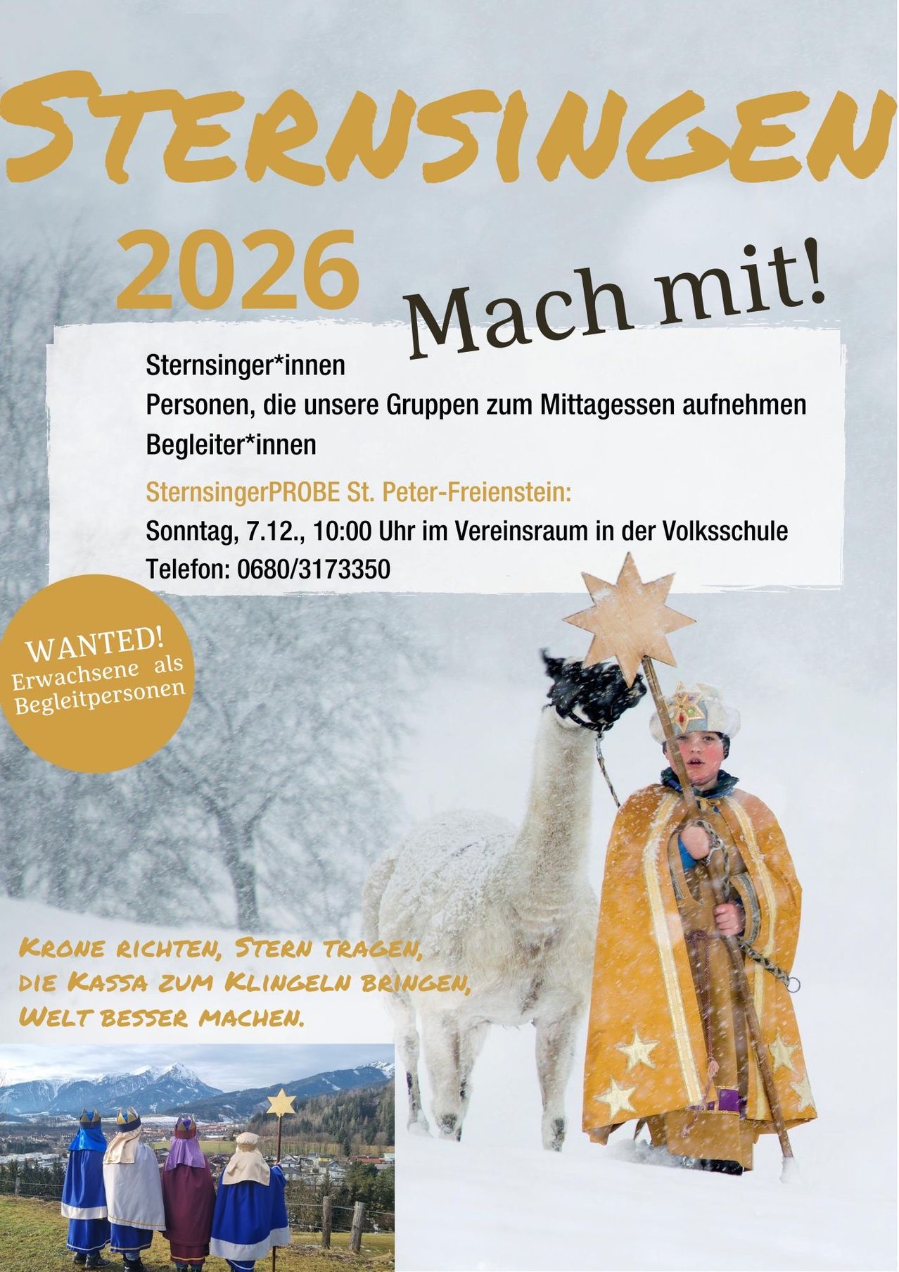 Ein Plakat für SternsingerPROBE in St. Peter-Freienstein, das Erwachsene sucht, um Gruppen zum Mittagessen zu begleiten. Die Veranstaltung findet am Sonntag, 7.12, um 10:00 Uhr im Schulversammlungsraum statt. Ein Kind hält einen Stern und führt einen Kamel in den Schnee.