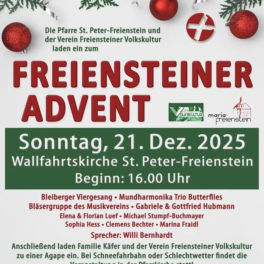 Plakat für Freiensteiner Advent, ein festliches Ereignis am 21. Dezember 2025 in der St. Peter-Freienstein Kirche. Mit Chor, Akkordeon-Trio, Bläsergruppe und mehr.