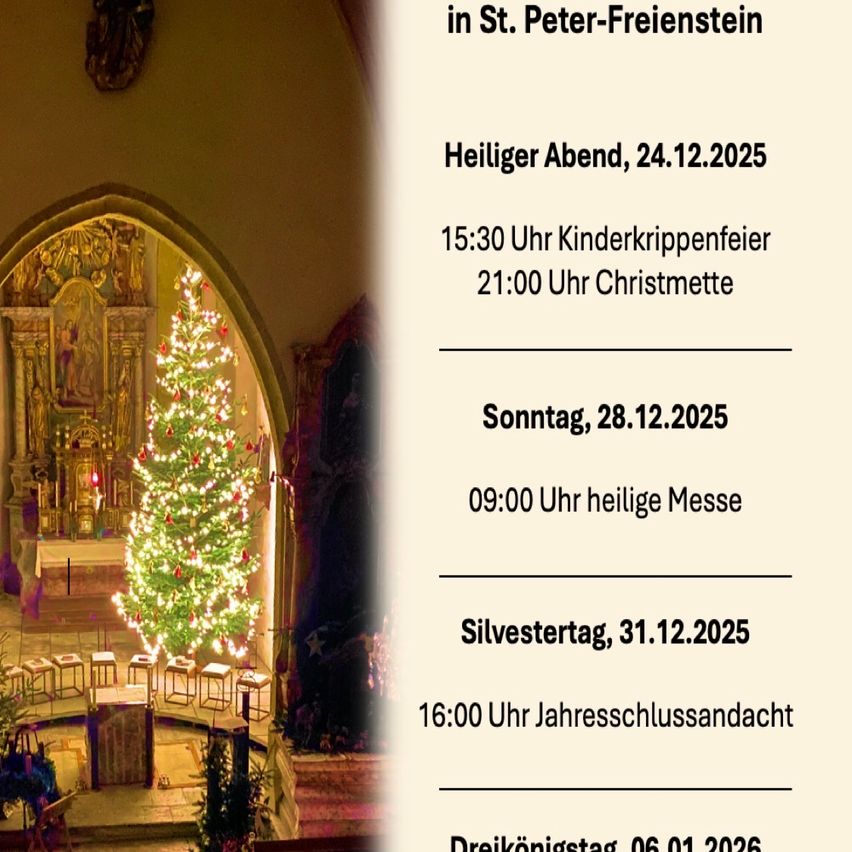 Plakat für die Veranstaltungen der St. Peter-Freienstein Kirche, mit Weihnachtsbaum, religiösen Ikonen und Kerzen. Zeitpläne für Heiliger Abend, Sonntag, Silvester und Dreikönigstag.