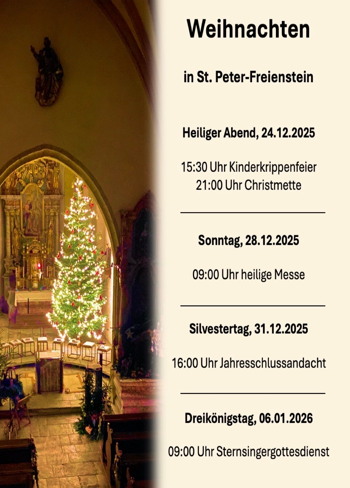 Ein Bild zeigt den Innenraum einer Kirche mit einem geschmückten Weihnachtsbaum, einem Altar und einer goldenen Plakette. Daten und Zeiten für verschiedene religiöse Dienstleistungen sind angezeigt.