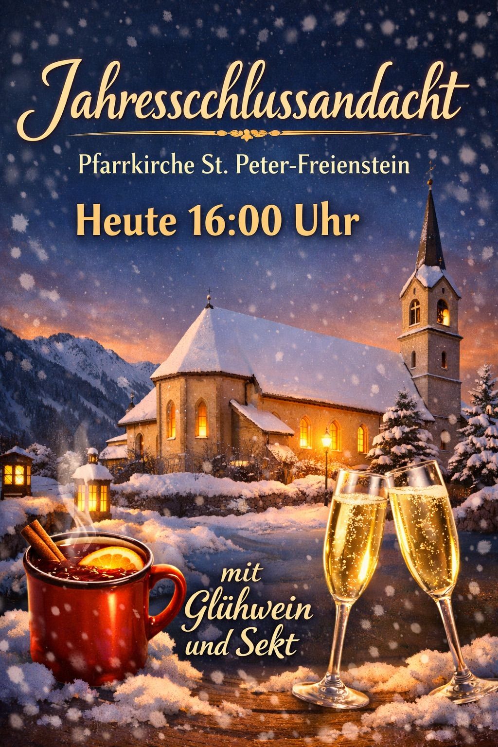 Verschneite Kirche mit Turm und Kirchturmglocke. Zwei Gläser Champagner und eine Tasse Glühwein. Kirche um 16:00 Uhr.