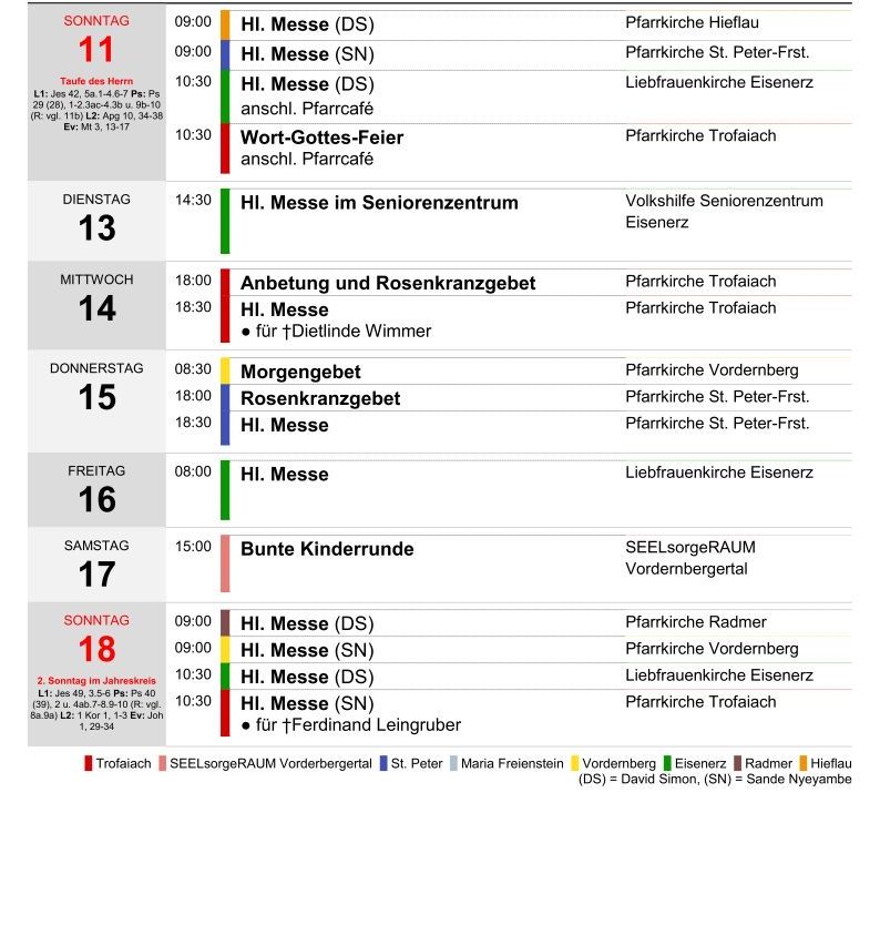 Ein Wochenplan mit Messen und Aktivitäten wird angezeigt. Er beinhaltet mehrere tägliche Messen, einen Sonntagsgottesdienst und weitere Veranstaltungen. Die Messen finden an verschiedenen Orten und Zeiten statt.