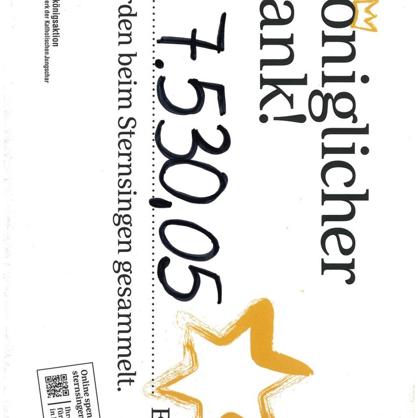 Ein Bild eines Dokuments mit einem Stern und der in Schwarz geschriebenen Zahl 15305. Der Text lautet 'beim Sternsingen' und 'gesammelt'. Es gibt einen Wasserzeichen und QR-Codes auf der linken Seite.