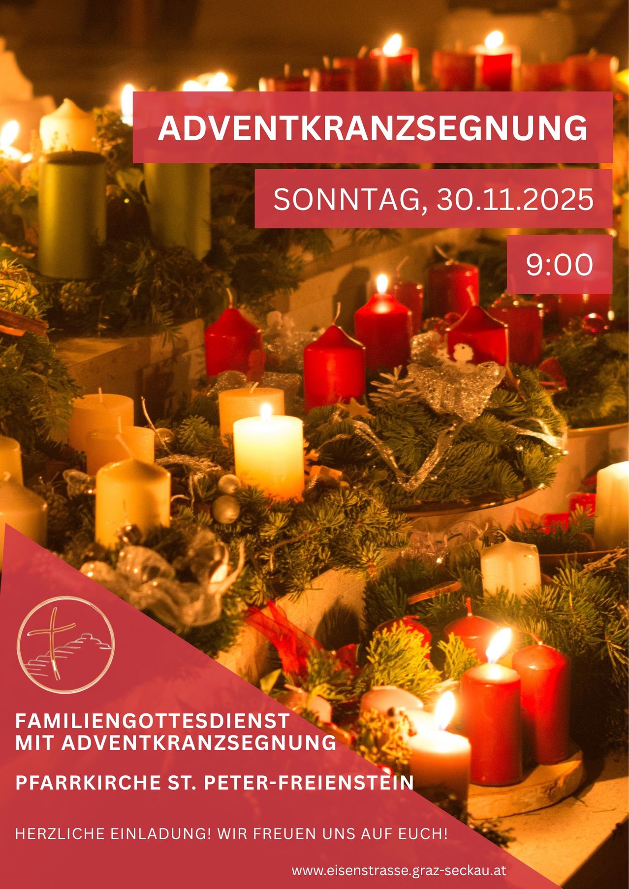 Plakat für Adventskranzsegnung. Zeigt Kerzen und grünes Laub. Datum: Sonntag, 30.11.2025, Zeit: 9:00 Uhr. Familiengottesdienst mit Adventskranzsegnung.