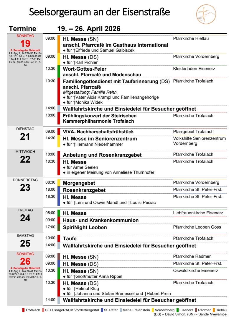 Wöchentlicher Gottesdienstplan in Trofaiach, Österreich. Beinhaltet Details wie Gottesdienstzeiten, Orte und besondere Ereignisse wie Familiengottesdienst. Gottesdienste finden an verschiedenen Orten und Zeiten statt.