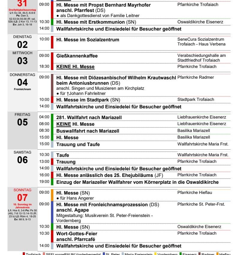 Ein wöchentlicher Zeitplan für Gottesdienste in Trofaiach. Dienste werden für jeden Tag aufgelistet, einschließlich Zeiten, Orten und besonderen Veranstaltungen. Der Zeitplan enthält auch Informationen über offene Pilgerkirchen und Eingänge.