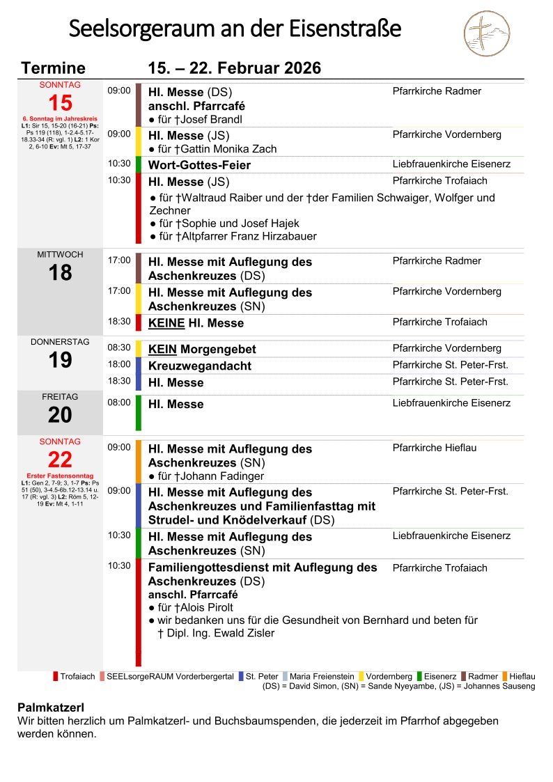 Der wöchentliche Kirchendienstplan umfasst Hochmessen und Niedermessen an Sonntagen sowie zusätzliche Messen an Montag, Freitag und Samstag. Die Gottesdienste finden in verschiedenen Kirchen statt.
