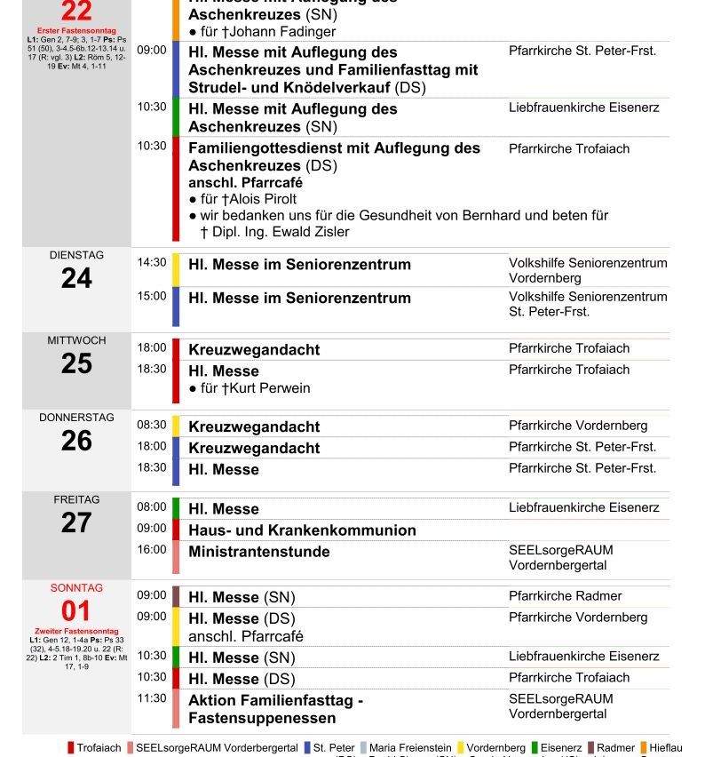 Das Bild zeigt einen wöchentlichen Zeitplan für Gottesdienste und Veranstaltungen. Die Gottesdienste umfassen Messen mit Ascenkreuze, Familiengottesdienste und andere religiöse Aktivitäten. Die Orte umfassen Pfarrkirche St. Peter-Frst. und andere Orte.