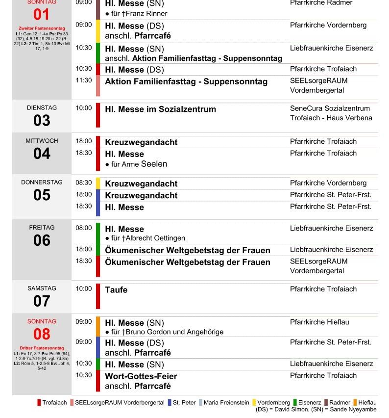 Wöchentlicher Gottesdienstplan für Pfarramt Vordenberg. Die Gottesdienste sind nach Tag, Uhrzeit und Ort aufgelistet. Montags gibt es einen Gottesdienst um 9:00 Uhr, gefolgt von einer Familienfastenaktion. Dienstags gibt es Gottesdienste um 10:30 und 11:30 Uhr. Mittwochs gibt es einen Gottesdienst um 18:00 Uhr. Donnerstags gibt es Gottesdienste um 18:00 und 18:30 Uhr. Freitags gibt es Gottesdienste um 8:00 und 18:00 Uhr. Samstags gibt es Gottesdienste um 10:00 Uhr. Sonntags gibt es Gottesdienste um 9:00 und 10:30 Uhr.