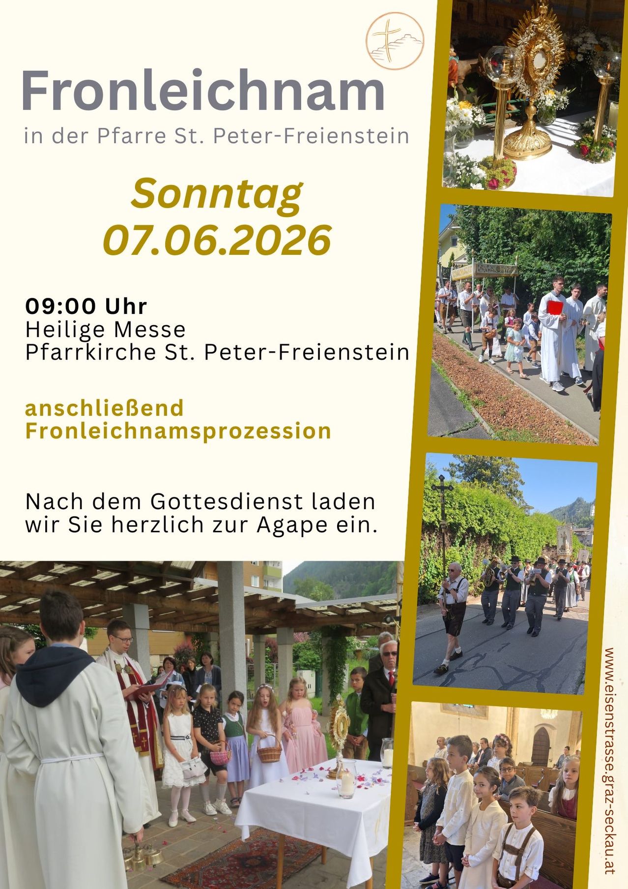 Plakat für eine Kirchenveranstaltung am Sonntag, 7. Juni 2026, um 9 Uhr. Es zeigt Bilder einer Prozession, eines Priesters und einer Kirchenmesse. Die Veranstaltung umfasst eine Heilige Messe und eine anschließende Prozession.