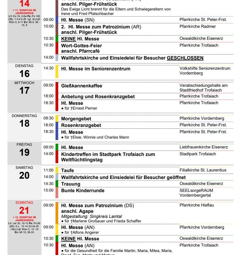 Das Bild zeigt einen Zeitplan für Gottesdienste und Gemeinschaftsveranstaltungen. Es listet die Uhrzeit, die Veranstaltung und den Ort für jede Aktivität auf. Bemerkenswerte Veranstaltungen sind ein Sonntagsgottesdienst und Kinderaktivitäten.