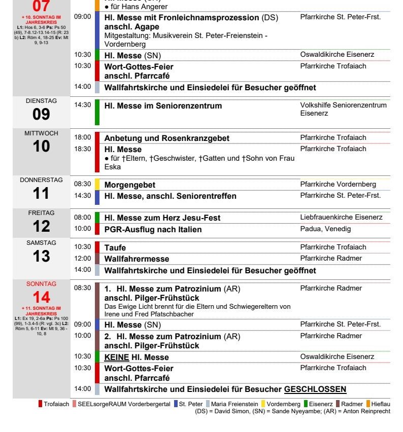 Wöchentlicher Zeitplan für Gottesdienste und Veranstaltungen. Montag: HI-Messe mit Prozession, Dienstag: Wort-Gottes-Feier, Mittwoch: Seniorentreffen, Donnerstag: Rosenkranzgebete, Freitag: Herz-Jesu-Fest, Samstag: Wallfahrtmesse, Sonntag: Patronatsmesse, spezielles Pilgerfrühstück.