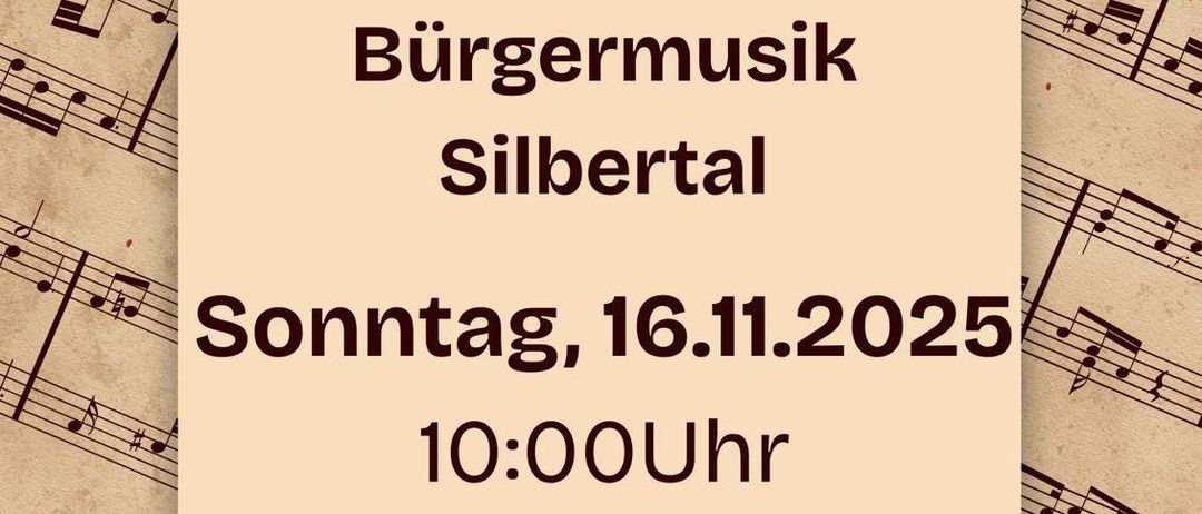 Ein Musikfestival-Ankündigung für Silbertals Gemeinschaftsmusik-Veranstaltung am 16. November 2025 um 10:00 Uhr. Die Veranstaltung findet im Silbertaler Gemeinschaftshaus statt.