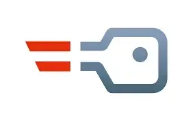 Ein Logo mit einem roten und grauen Umriss eines Schlüssels, einem roten Streifen auf der linken Seite und einem kreisförmigen Loch in der Mitte.