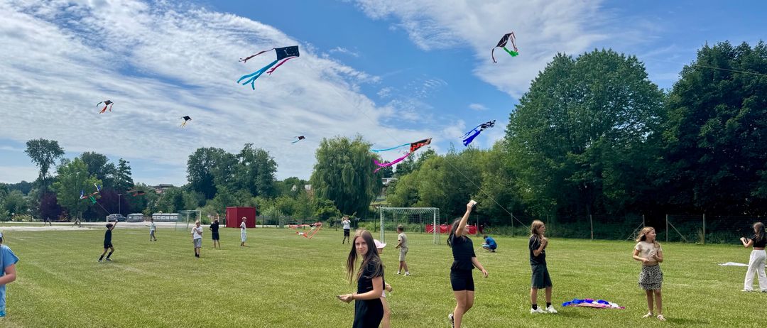 Eine Gruppe von Menschen fliegt Drachen in einem Grasfeld unter einem blauen Himmel mit verstreuten Wolken. Bäume und ein Fußballtor sind im Hintergrund zu sehen.