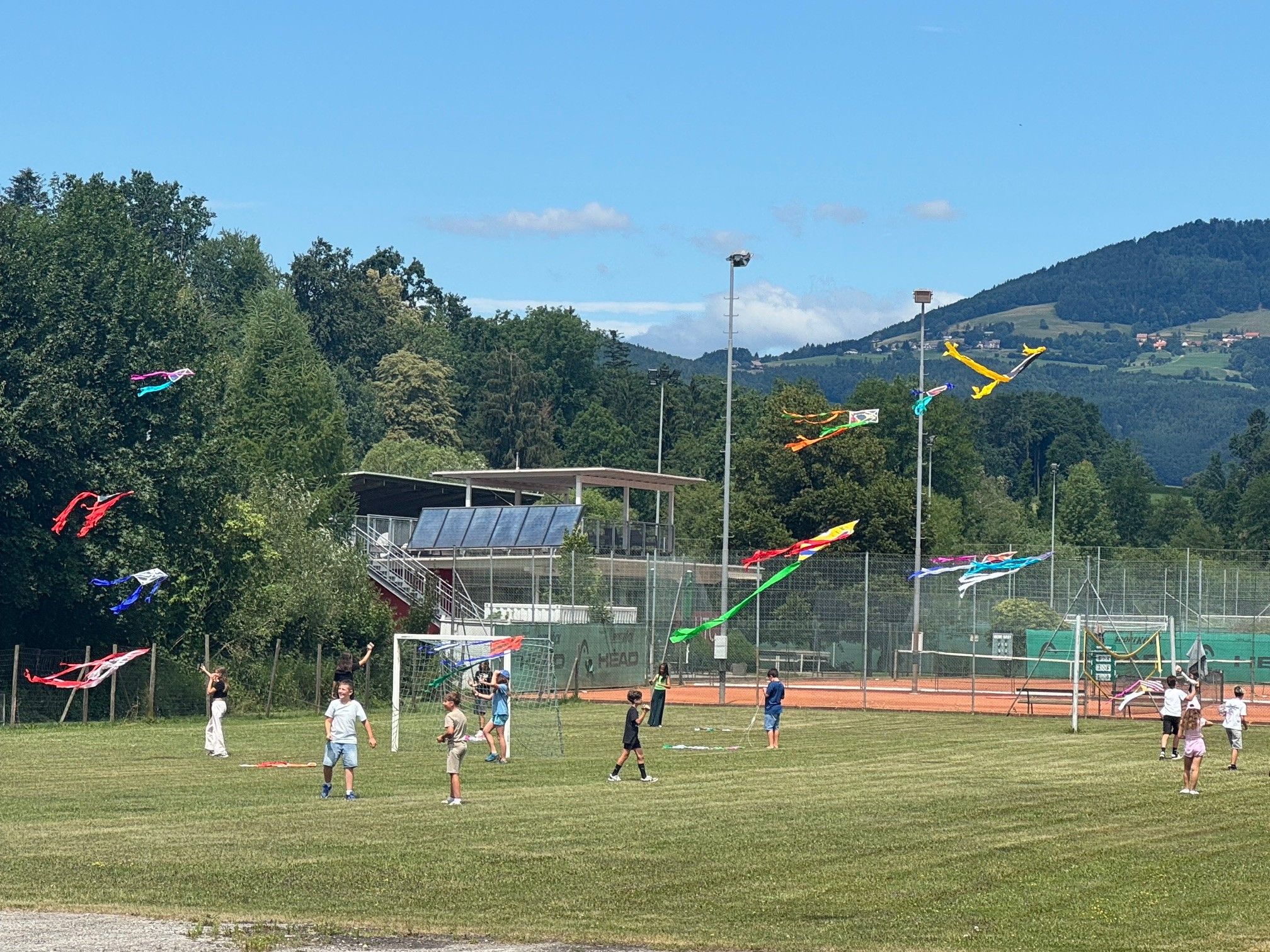 Kinder fliegen Drachen an einem sonnigen Tag auf einer Wiese mit Bäumen, Solarpanelen und Bergen in der Ferne.