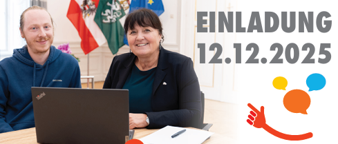 Ein Einladungsposter mit zwei Personen, einer Frau und einem Mann, die an einem Laptop arbeiten. Datum und Titel in Deutsch.