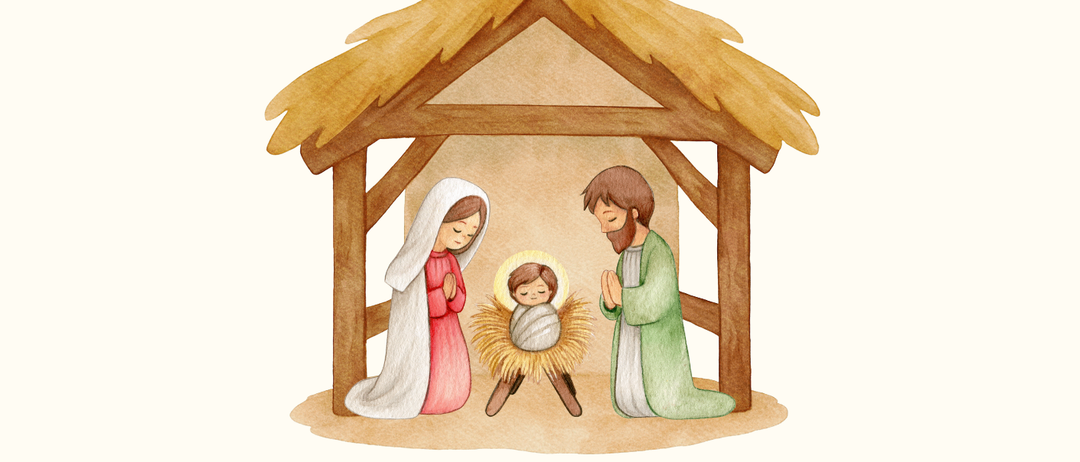 Plakat für eine Kinderweihnachtsfeier in der Pfarrkirche St. Johann bei Herberstein am 24. Dezember um 16:00 Uhr. Illustration einer Krippe mit Maria, Josef und dem Jesuskind.
