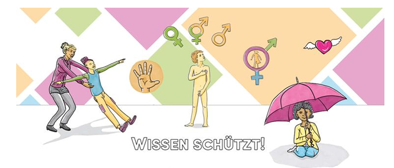 Plakat mit Illustrationen von Familien und Kindern. Es betont die Wichtigkeit von Wissen zum Schutz. Es lädt Eltern und Bezugspersonen von 0 bis 10-jährigen Kindern zu einer Informationsveranstaltung zur sexuellen Bildung und zum Schutz vor sexueller Gewalt ein.