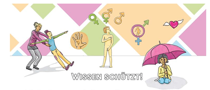 Plakat mit Illustrationen von Menschen, Symbolen und einem Mädchen unter einem Regenschirm. Es steht 'Wissen schützt!' und lädt Eltern zu einer Informationsveranstaltung über sexuelle Bildung und Schutz vor sexueller Gewalt ein.