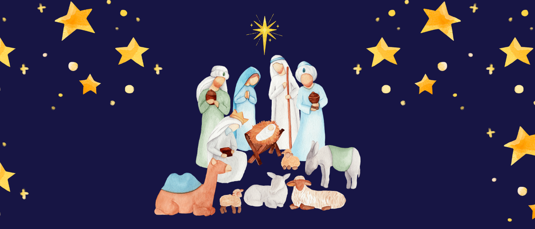 Ein blaues Plakat bewirbt eine Kinderkrippenfeier am 24. Dezember um 15:00 Uhr in der Pfarrkirche Pischelsdorf. Das Plakat zeigt eine Krippe mit Maria, Josef, Baby Jesus und verschiedenen Tieren.