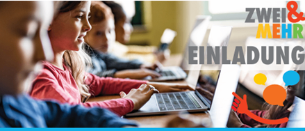 Plakat für die Veranstaltung 'Familienfreitag', das Kinder zeigt, die Laptops benutzen, und Online-Vorträge zum Schutz und zur Unterstützung von Kindern im digitalen Raum fördert, geplant für den 16. Mai 2026, 9-10 Uhr und 19-20 Uhr.