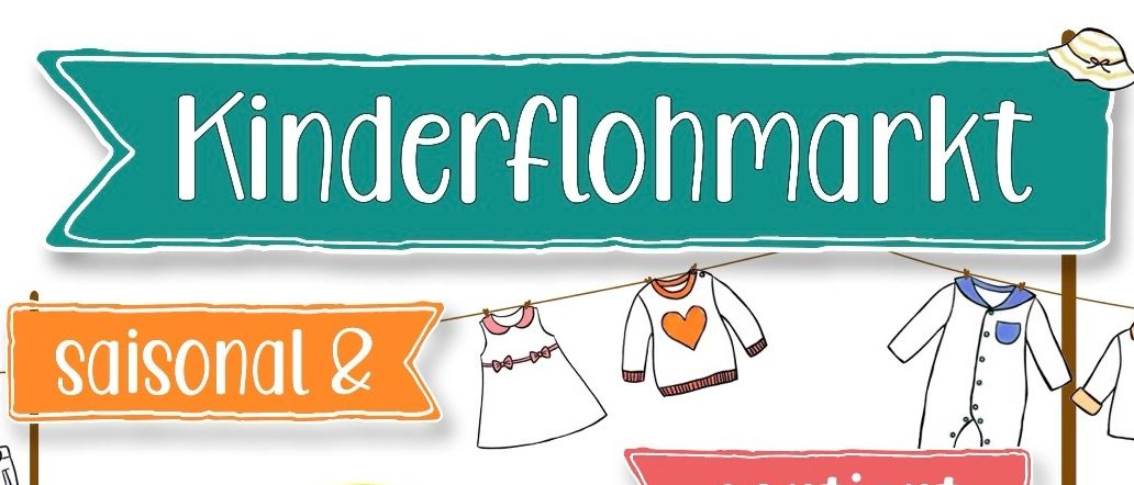 Plakat für Kinderbekleidungsverkauf, mit Kleidungsstücken an einer Wäscheleine. Termine und Zeiten für den Verkauf sind angegeben, mit einem Buffet am 6. März.