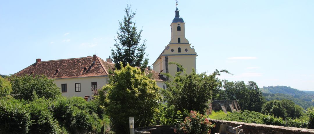 Ein friedlicher Garten mit gelben Blumen, einer Bank und einem Steinweg. Dahinter steht ein historisches Gebäude mit Turm, umgeben von üppiger Grünfläche.