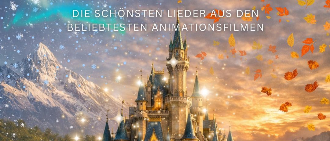 Plakat für ein Sommernachtskonzert auf dem Sportplatz in St. Johann bei Herberstein, mit einer Burg, einer Familie und einem Löwen, Beginn um 18:30 Uhr.