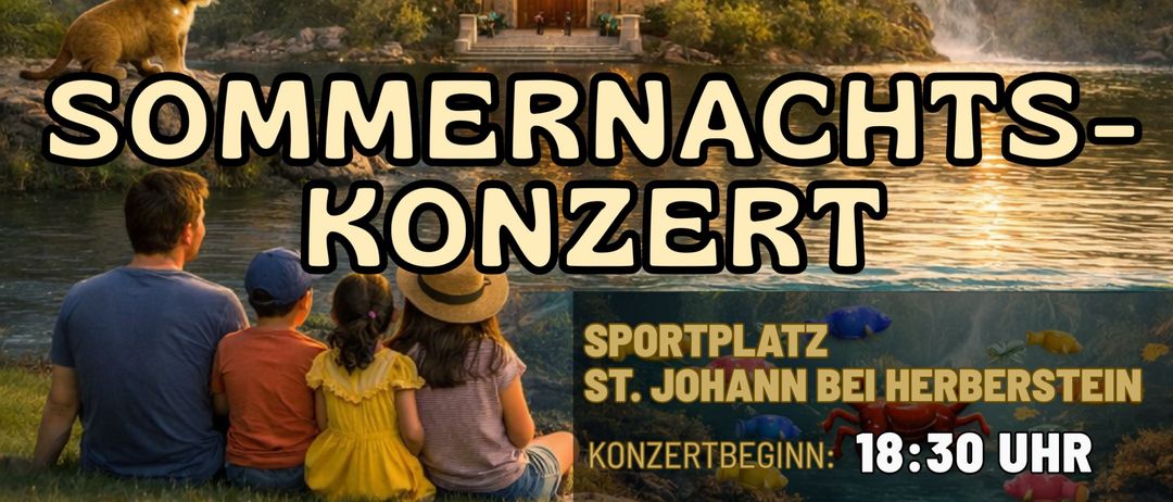 Plakat für ein Sommernachtskonzert vor einem Schloss. Eine Familie sitzt auf dem Gras mit einem Löwen in der Nähe. Das Schloss hat Lichter und einen Springbrunnen. Der Himmel hat einen Sonnenuntergang und fallende Blätter.