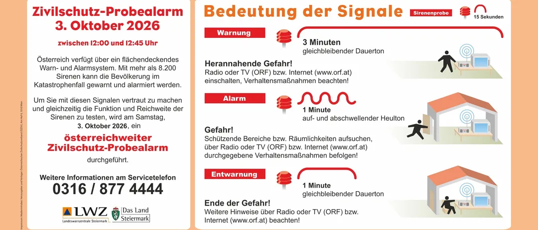 Plakat für einen Zivilschutz-Sirenentest in Österreich am 3. Oktober 2026, das die Bedeutung von Warn-, Alarm- und Ende-Alarm-Signalen erläutert und Anweisungen zum Aufsuchen von Schutzräumen oder zur Befolgung von Sicherheitsmaßnahmen gibt.