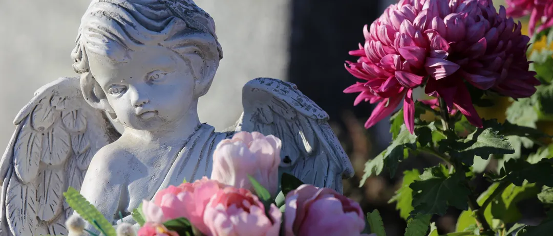 Eine weiße Statue eines engelsgleichen Cherubs mit Flügeln, umgeben von rosa Blumen, möglicherweise auf einem Friedhof.