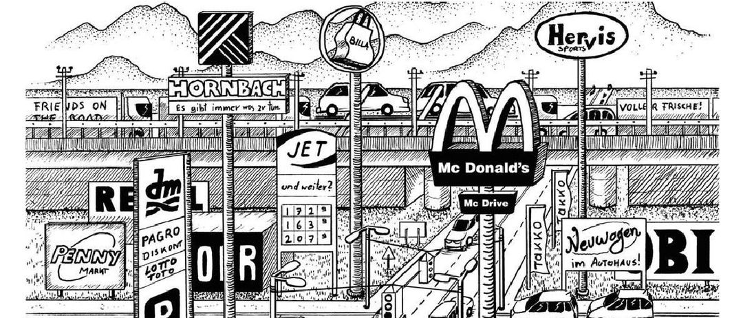 A promotional poster for a film titled 'Der Automobile Mensch'. It features a stylized illustration of a highway with various signs and billboards. The poster includes a date and time for an event on September 22 at 7 PM.