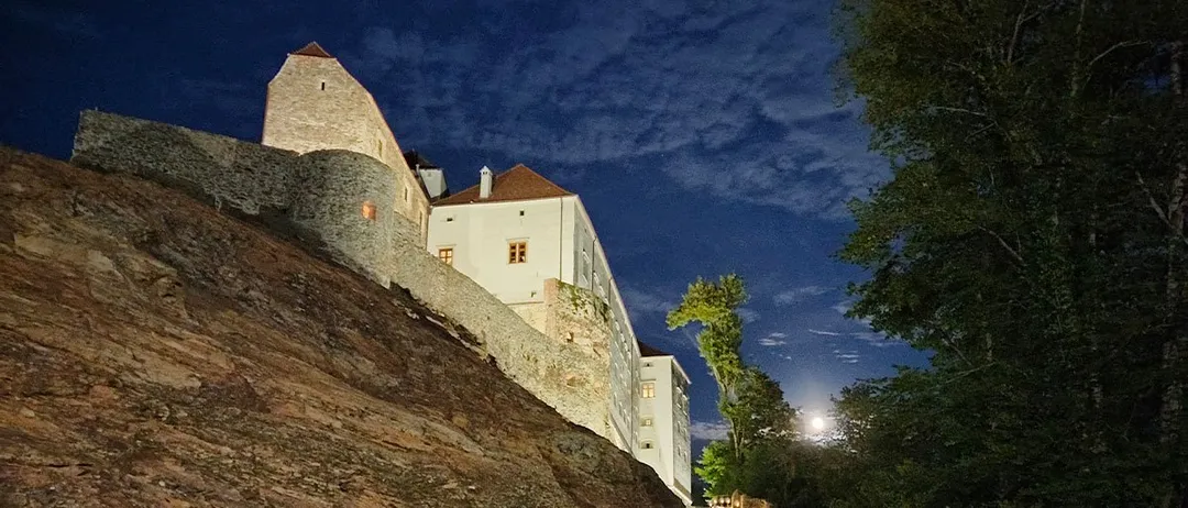 Eine Burg steht auf einem Hügel unter einem Nachthimmel, beleuchtet vom Mond.