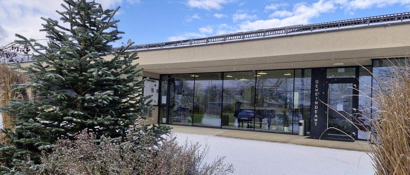 Ein Gebäude mit Glaswänden und einem großen Klavier im Inneren, umgeben von Schnee und einer Tanne.