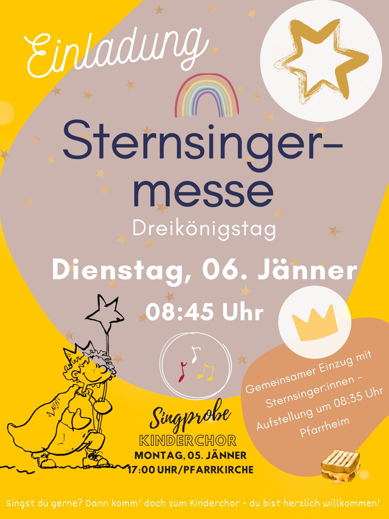 Sternsinger-messe am Dreikönigstag, 6. Januar um 08:45 Uhr. Gemeinsamer Einzug mit Teilnehmern um 08:35 Uhr. Illustration eines Kindes mit Stern und Krone.