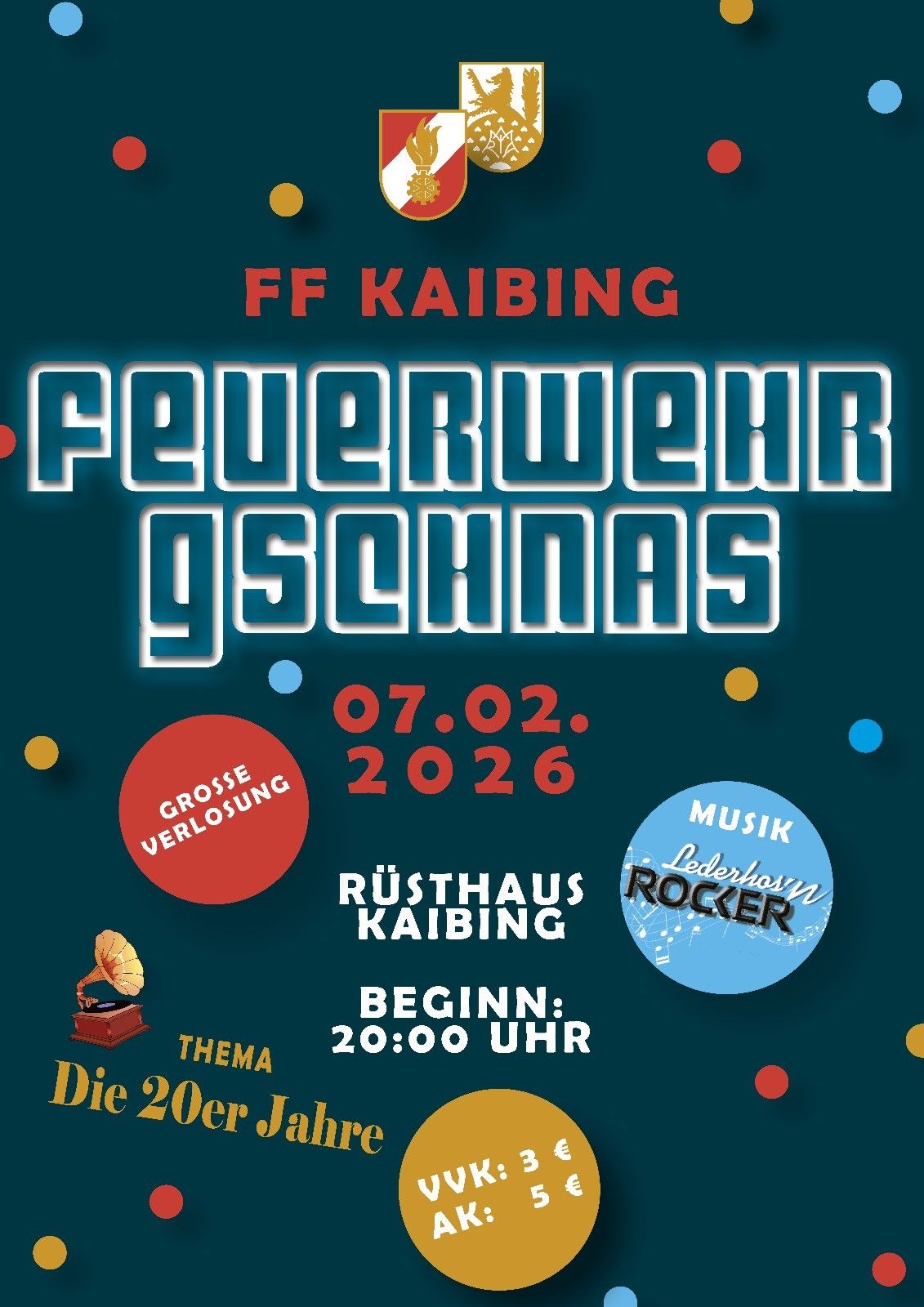 Plakat für das Feuerwerksfest der FF Kaibing am 7. Februar 2026. Es zeigt ein Logo, ein Datum und Symbole für Musik, ein Grammophon und eine Party.