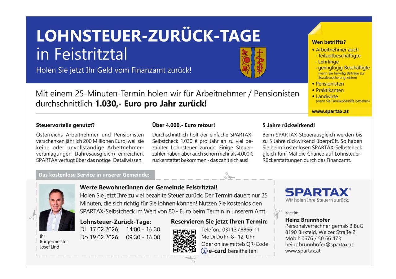 Ein Werbeplakat für das Lohnsteuer-Zurück-Tage-Event, das eine 25-minütige Dienstleistung zur Steuerrückerstattung anbietet. Die Veranstaltung findet zu bestimmten Terminen und Uhrzeiten statt, mit Kontaktinformationen. Es hebt die potenziellen Einsparungen für Arbeitnehmer und Rentner hervor.