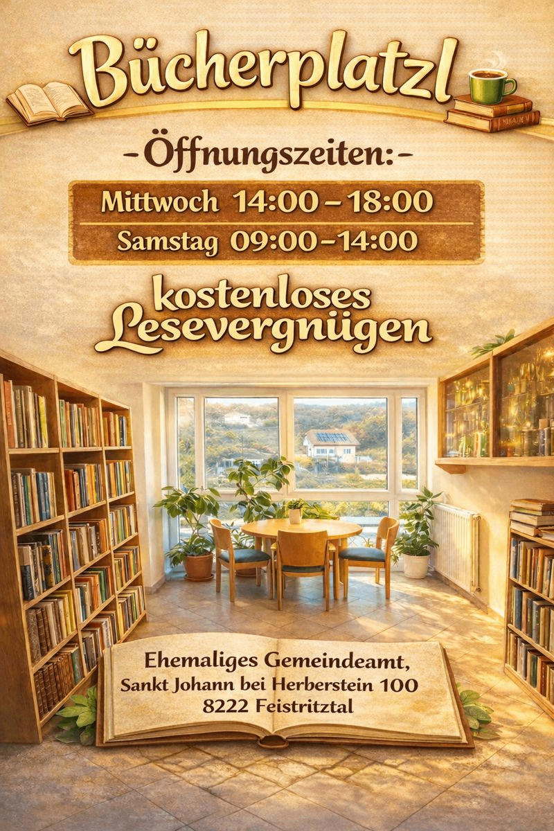 Ein Poster für eine Bibliothek mit Öffnungszeiten am Mittwoch und Samstag. Die Bibliothek hat Bücherregale, einen Tisch mit Stühlen und Topfpflanzen. Der Aushang lautet 'kostenloses Lesevegnügen'.