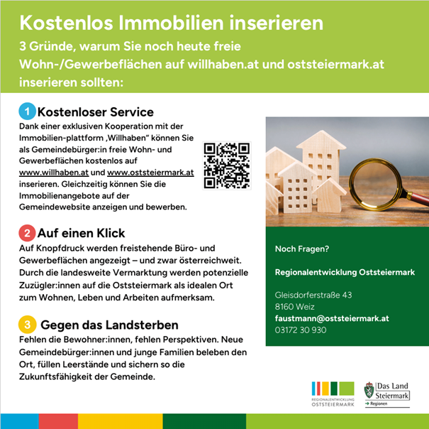 Ein grünes Plakat bewirbt kostenlose Immobilieninseraten auf willhaben.at und oststeiermark.at. Es hebt drei Gründe für Immobilieninseraten hervor, einschließlich eines kostenlosen Services, schnellen Zugriff auf verfügbare Immobilien und Beitrag zur Gemeindeentwicklung. Kontaktdaten für die Regionalentwicklung in der Steiermark sind angegeben.