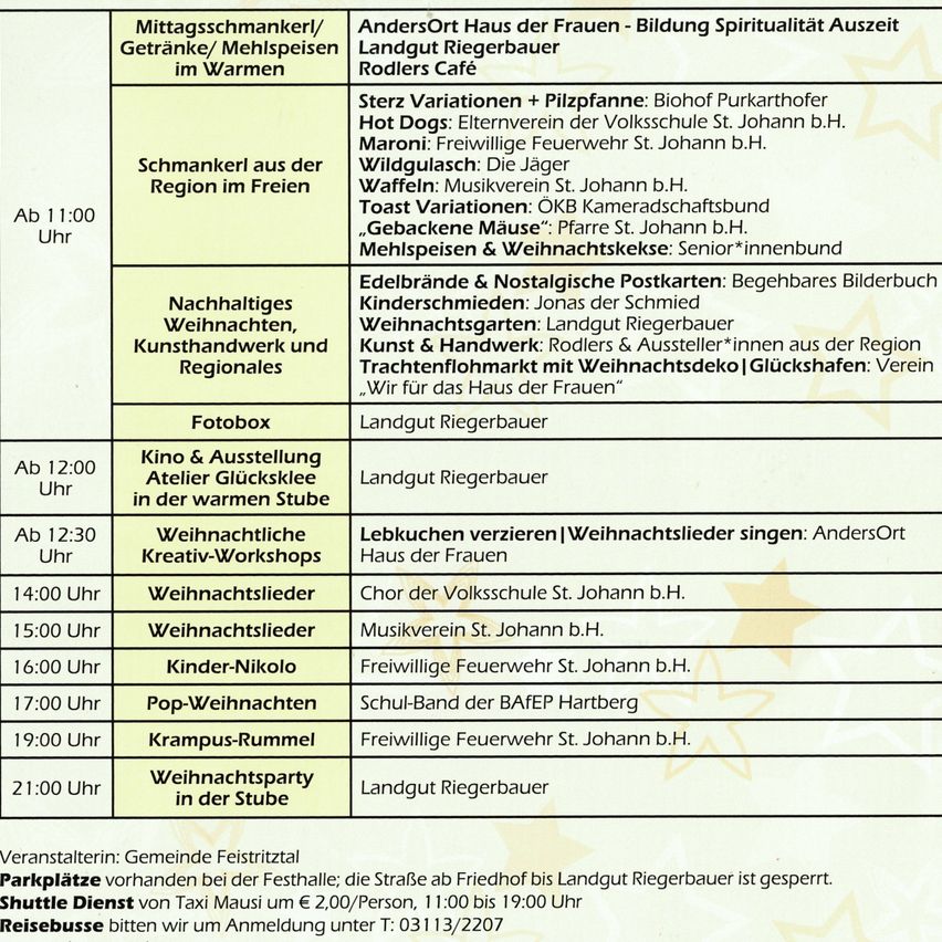 Plakate für Suppe und Getränke/Mahlzeiten in der Wärme. AndersOrt Haus der Frauen - Bildung Spiritualität Außerhalb Landgut Riegerbauer Rodlers Café. Verschiedene Veranstaltungen und Workshops mit Erfrischungen. Kunsthandwerk, Workshops und Weihnachtskekse. Kunst- und Handwerksmarkt mit Weihnachtsdeko. Shuttle-Service von Taxi Mausi für 2 Euro pro Person, 11:00 bis 19:00 Uhr.