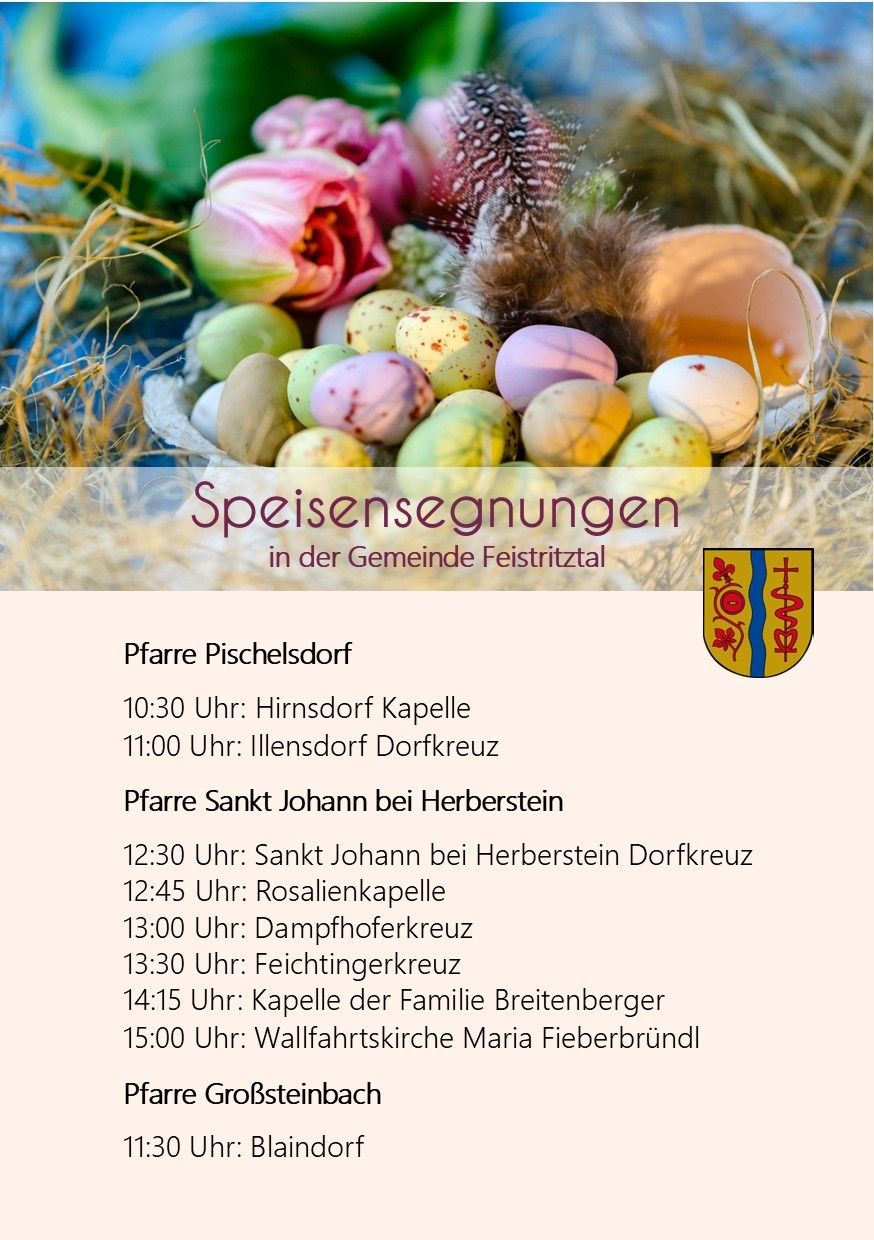 An image shows a basket filled with Easter eggs. Below, text reads 'Speisensegnungen in der Gemeinde Feistritztal'. Below that, a schedule for blessings of food in different villages is listed.